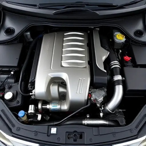 A detailed, high-quality image of the engine bay of a 2008-2016 Aaglander Elegance with a 3.5L V6 gasoline engine. Focus on the engine components, including the engine block, intake manifold, exhaust manifold, and other visible parts. The engine should be well-lit, showcasing the details of the metal and components.