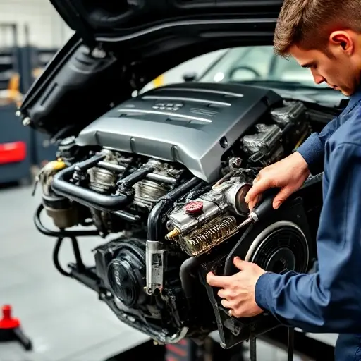A detailed, realistic image of a mechanic working on the engine of an Audi A6 3.0 V6 TDI (2018-2020). The engine should be partially disassembled, showcasing the internal components. Focus on the engine bay and the mechanic's hands working with tools. The background should be a clean, professional automotive repair shop.