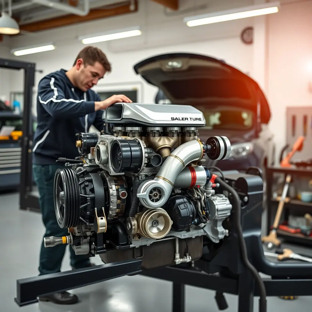 A skilled mechanic in a clean garage is disassembling the engine of a luxury SUV, focusing on a two point five liter turbocharged power unit with visible pistons, turbocharger, and detailed engine components, surrounded by professional tools, realistic lighting and high detail