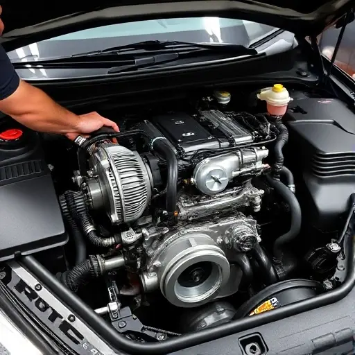 A detailed close-up of a mechanic repairing the 2.0 Turbo engine of a Chery Arrizo 8 (2022 model), showing the engine bay, tools, and engine components, with a focus on the turbocharger and engine block, in a clean workshop setting.
