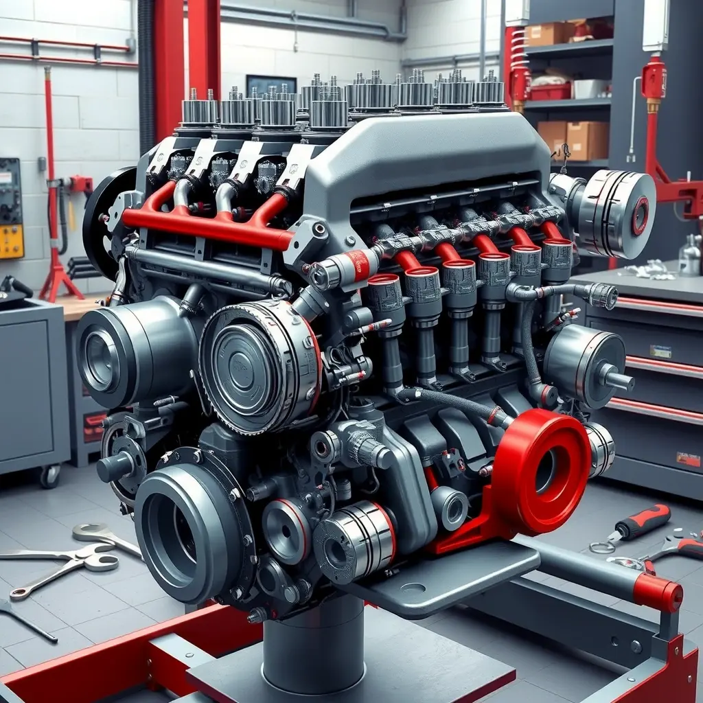 A high-detail illustration of a Honda S2000 2.0L VTEC engine disassembled for a complete overhaul, showing the engine block, pistons, camshafts, valves, and surrounding mechanic tools such as wrenches and a torque wrench, with realistic lighting and metallic textures in a clean workshop environment