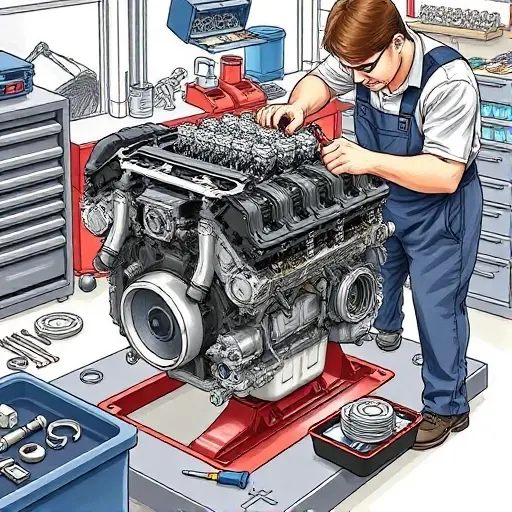 A detailed, realistic illustration of a BMW 1 Series F20 3.0 L engine on a workbench during a major overhaul. The engine block is open, showing pistons, crankshaft, and valve train, with a mechanic in coveralls carefully inspecting components using a wrench. Surrounding the engine are typical garage tools and parts trays, all rendered in a clean, well‑lit environment without any visible text, logos, or numeric markings.