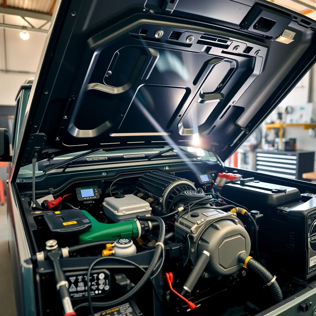 A detailed, high‑resolution scene of a mechanic in a clean garage working on the engine of a 2020‑present Land Rover Defender PHEV with 404 hp. The vehicle's hood is open, revealing the hybrid powertrain components, with tools and diagnostic equipment neatly arranged. The focus is on the engine bay, showing the intricate wiring, battery modules, and engine parts, illuminated by bright, natural lighting to highlight metallic textures and the rugged design of the Defender.