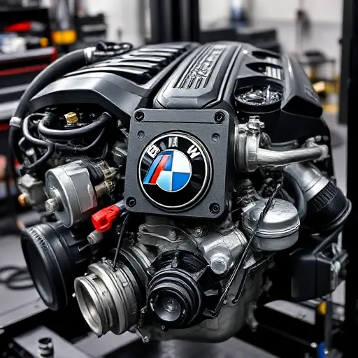 A detailed, high-quality image of a BMW M6 F12 4.4 V8 engine undergoing repair. Focus on the engine block, visible components, and tools being used. The scene should be in a professional automotive repair shop setting.