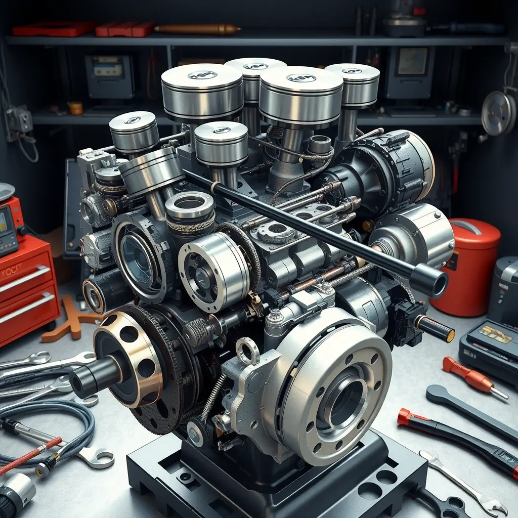 A high-detail illustration of a Forthing M7 1.8 Turbo engine undergoing a complete overhaul, showing disassembled components such as pistons, crankshaft, turbocharger, and surrounding tools like wrenches and diagnostic equipment, set in a clean workshop environment with realistic lighting and metallic textures