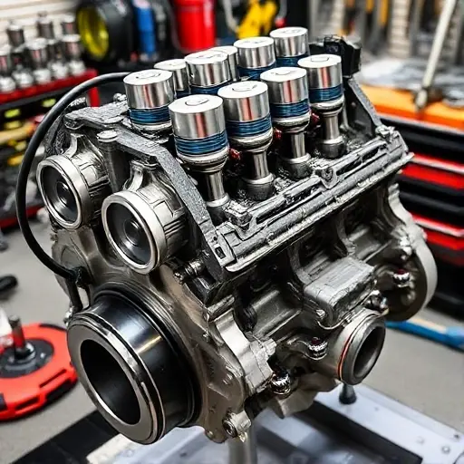 A detailed, high-quality image of a Citroën DS3 Racing 1.6 THP engine undergoing a major overhaul. The engine should be prominently displayed, showcasing various components like pistons, connecting rods, and the engine block. Tools and parts related to engine repair should be visible in the background, suggesting the ongoing work. The lighting should be bright and focused on the engine.