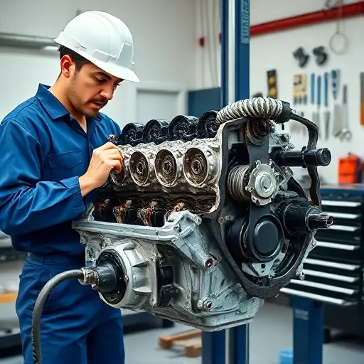 A detailed workshop scene showing a skilled mechanic in a clean garage, carefully disassembling a Borgward BX5 1.8T engine block. The engine is partially exposed, with visible pistons, crankshaft, and timing belt. The mechanic is wearing a blue coveralls, a safety helmet, and using precision tools such as a torque wrench and a socket set. The background includes a workbench with organized tools, a small toolbox, and a neatly labeled parts tray. The lighting is bright and focused, highlighting the metallic surfaces and the fine details of the engine components. The overall composition conveys a sense of precision, professionalism, and mechanical expertise.