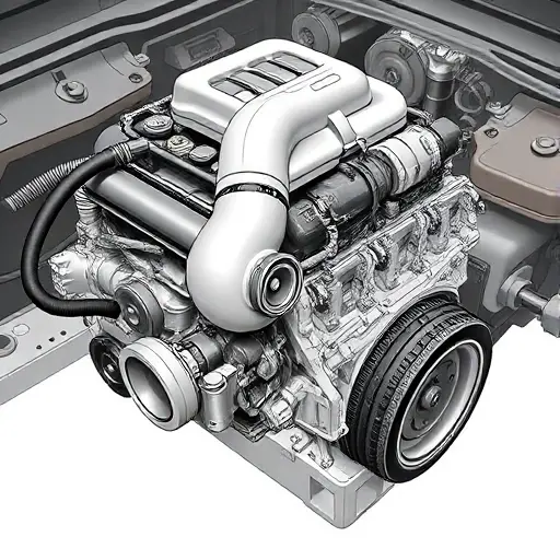 A detailed illustration of a GMC Acadia 2.0 Turbo engine undergoing a major repair. Focus on the engine block, turbocharger, and surrounding components. Show tools and technicians working on the engine.