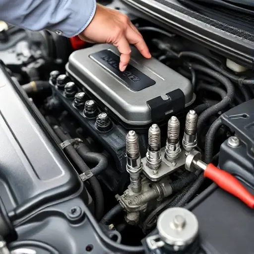 A close-up of a mechanic repairing a Dacia Logan 1.0 LPG engine, showing the engine block, oil filter, spark plugs, and tools such as a wrench and screwdriver, set in a clean garage environment, focusing on mechanical parts, no people or faces, no text or labels