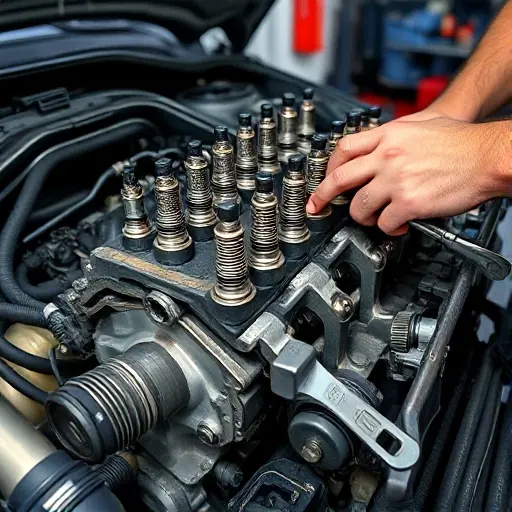 A detailed close-up of a mechanic repairing the 2.4L 182 hp engine of a Buick LaCrosse eAssist, showing the engine block, pistons, spark plugs, and tools such as a wrench and torque wrench, with a background of a garage and a car chassis