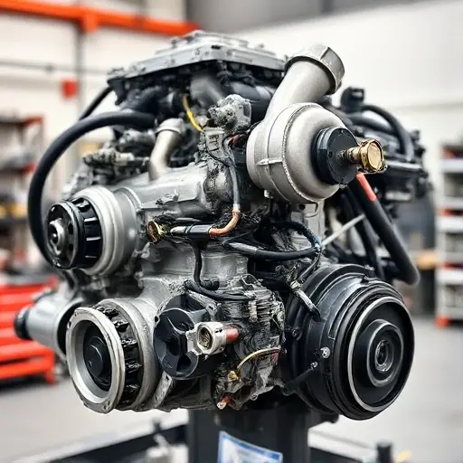 A detailed, high-quality image of a Cupra Leon 2.0 TSI 245 hp engine undergoing a major repair. The engine should be shown partially disassembled, revealing intricate components and tools being used. Focus on the engine block, turbocharger, and various mechanical parts. The background should be a clean, well-lit workshop environment.