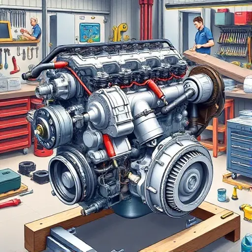 A detailed illustration of a Iveco Daily 2.3 diesel engine undergoing a major repair. The engine should be shown with visible components, tools, and technicians working on it. Focus on the engine block, cylinder head, and exhaust system. The scene should be in a workshop setting with various mechanical tools and equipment around.