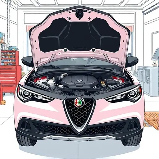 A detailed illustration of a modern Alfa Romeo Tonale SUV with a 1.5 Hybrid engine, showing the engine compartment open and being serviced, with tools and parts visible, in a clean workshop setting