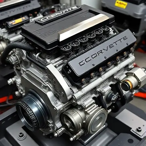 A detailed, high-quality image of a Chevrolet Corvette C8 6.2 V8 LT2 engine undergoing a major overhaul. The engine should be partially disassembled, revealing intricate components like the cylinder head, intake manifold, and valve train. Focus on the mechanical details and the process of repair.
