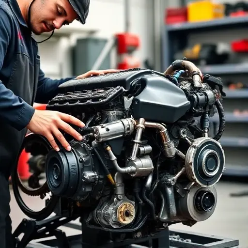 A detailed, realistic image of a mechanic working on the engine of an Audi Q2 2.0 TDI. The engine should be partially disassembled, showcasing the internal components. The mechanic is wearing a uniform and using specialized tools. The background should be a clean and organized auto repair shop. Focus on the engine and the mechanic's hands working on it.