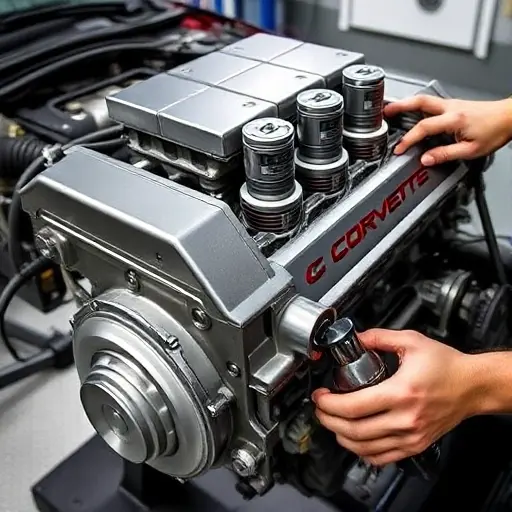 A detailed close-up of a Chevrolet Corvette C5 5.7 V8 LS1 engine during repair, showing the engine block, cylinder heads, pistons, and a mechanic's hands with tools, set against a clean workshop background.