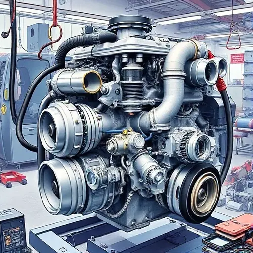 A detailed illustration of a FAW Bestune B70 1.5 Turbo engine undergoing a major overhaul. Focus on the engine block, turbocharger, and various components being inspected and repaired. Tools like wrenches, screwdrivers, and diagnostic equipment should be visible. The scene should be in a well-lit workshop environment with visible parts and machinery.