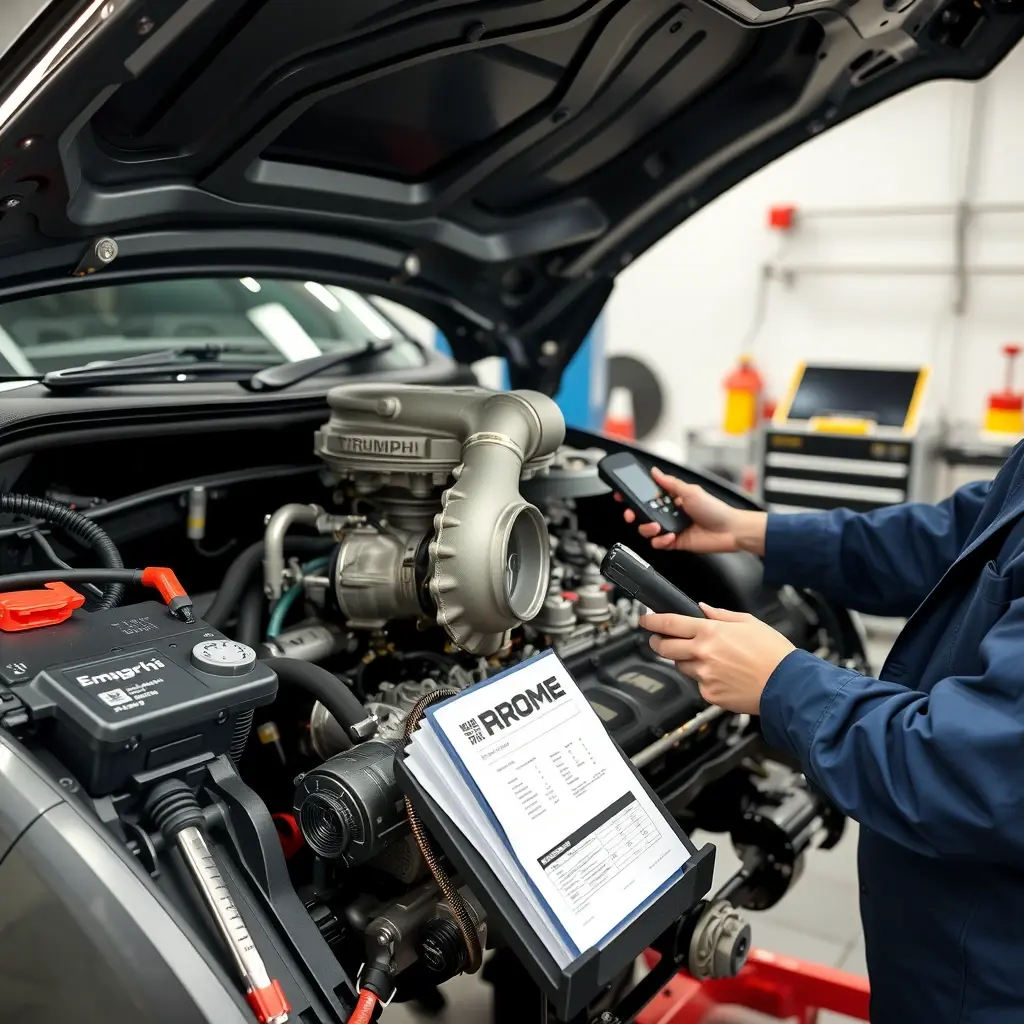 A detailed, high-resolution scene of a professional mechanic repairing the 1.5 Turbo engine of a GAC Trumpchi Empow (2021‑present). The focus is on the open engine bay showing the turbocharger, cylinder head, and surrounding components, with tools such as wrenches, diagnostic scanner, and a service manual on a stand. The garage environment is clean and well‑lit, emphasizing the technical precision of the repair work.