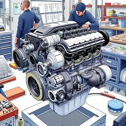 A detailed illustration of a Ford Focus 1.5 EcoBoost engine undergoing a major repair. The engine should be shown with visible components, tools, and technicians working on it. Focus on the engine block, turbocharger, and intake/exhaust systems. The scene should depict a workshop environment with various automotive tools and equipment.