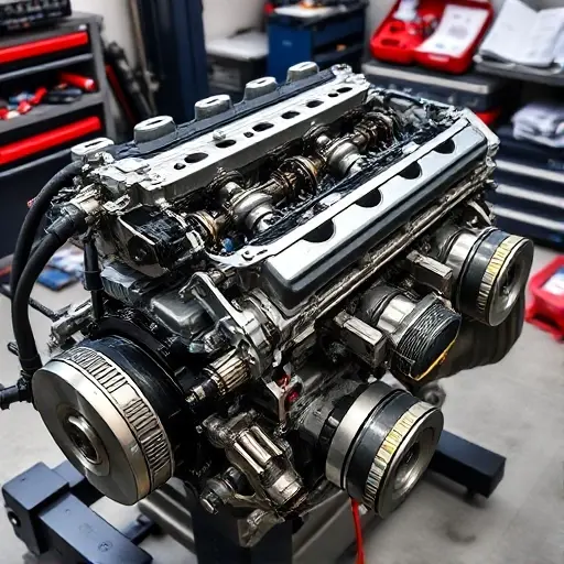 A detailed close-up of a BMW M3 G80 3.0L twin-turbo inline-six engine undergoing major overhaul, showing disassembled components like pistons, connecting rods, crankshaft, and cylinder head laid out on a clean professional workshop bench, with tools and service manuals nearby, soft directional lighting highlighting metal textures and precision engineering, no text or labels visible
