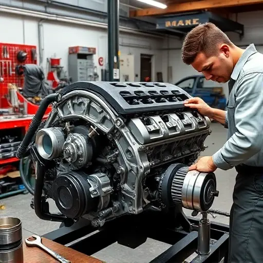 A detailed workshop scene showing a mechanic repairing a Chrysler Pacifica 3.6 V6 engine, with the engine block exposed, tools such as wrenches and a torque wrench, engine components like pistons and a cylinder head, a workbench, and a car chassis in the background, all rendered in a realistic, high-quality style