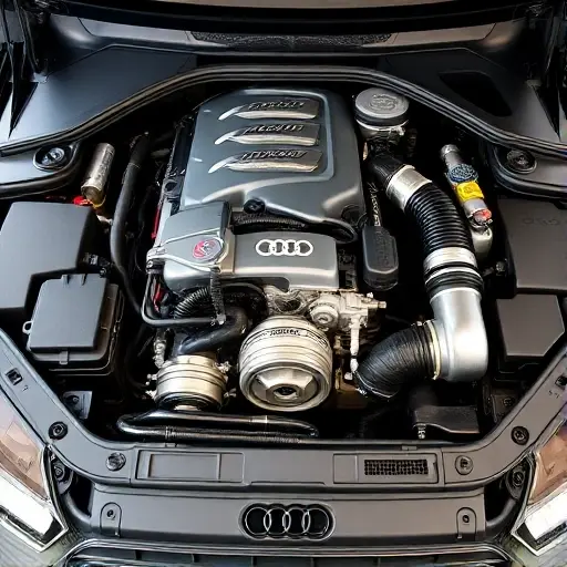 A detailed, high-quality image of a fully restored Audi A8 3.0 V6 TDI 286 hp engine bay. The engine should be clean and well-maintained, showcasing the engine components. Focus on the intricate details of the engine, including the turbocharger, exhaust manifold, and other mechanical parts. The lighting should be realistic, highlighting the textures and metallic surfaces.