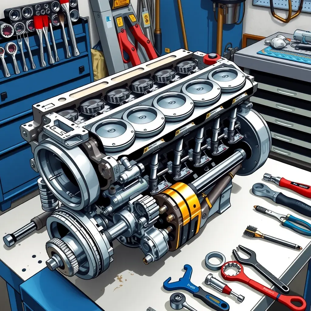 A detailed, high-resolution illustration of a Ginetta G40 2.0L Ford engine undergoing a complete overhaul. Show the engine block opened, with pistons, crankshaft, camshaft, and valve train components laid out on a clean workshop bench. Include tools such as torque wrenches, socket sets, and cleaning brushes nearby. Emphasize metallic textures, oil stains, and the precision of the mechanical parts, with a focus on realism and depth.