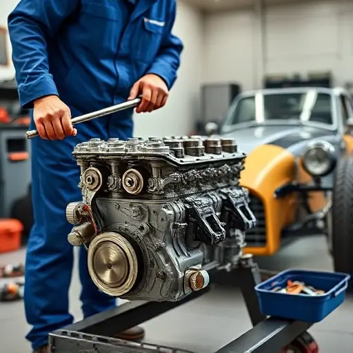A detailed workshop scene showing a mechanic in a clean, well-lit garage, carefully disassembling a Ford Duratec 2.0L engine from a Caterham Seven 420. The engine block is partially exposed, with visible pistons, crankshaft, and cylinder head. The mechanic is wearing a blue coverall, holding a wrench, with a toolbox and engine parts scattered on a workbench. The Caterham Seven car is partially visible in the background, its low-slung body and distinctive front grille. The focus is on the mechanical work, with a realistic, high-detail style.