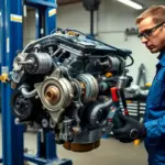 A detailed high-resolution scene of a mechanic in a clean garage repairing the 2.5 TDI engine of a Land Rover Discovery (1998-2004). The engine is partially disassembled, showing pistons, turbocharger, and fuel injection components. The mechanic wears a blue coverall and safety glasses, using tools such as a torque wrench and diagnostic scanner. The background includes a service lift, tool chest, and soft industrial lighting, emphasizing the technical nature of the repair.