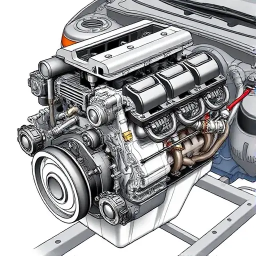 A detailed illustration of a Dodge Charger 3.6 V6 engine undergoing a major repair. The engine should be partially disassembled, revealing internal components. Focus on the mechanics and tools involved in the repair process.