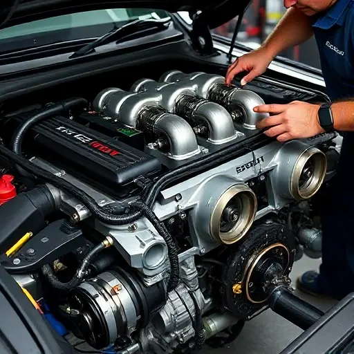 A detailed close-up of a mechanic repairing the 3.6 V6 Twin Turbo engine of a Cadillac CT4 V Blackwing, showing the engine block, turbochargers, and tools, with a workshop background