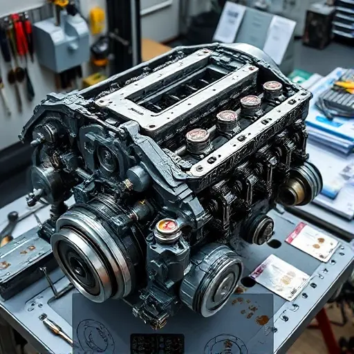 A detailed close-up of a BMW M6 E63 5.0 V10 engine undergoing major repair, showing disassembled components like pistons, crankshaft, cylinder heads, and valve train laid out on a clean workbench with tools, oil stains, and technical manuals nearby, soft workshop lighting, high realism, no text or labels