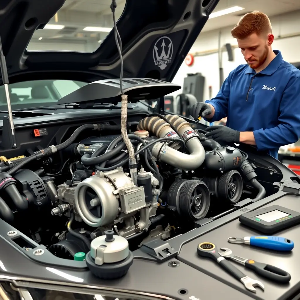 A detailed, high-resolution scene of a professional mechanic in a clean garage working on the open 3.0 V6 twin‑turbo engine of a Maserati Levante. The engine block, turbochargers, and wiring are clearly visible, with tools such as wrenches and diagnostic equipment laid out on a workbench. The lighting is bright and realistic, emphasizing metallic surfaces and the intricate components of the engine.