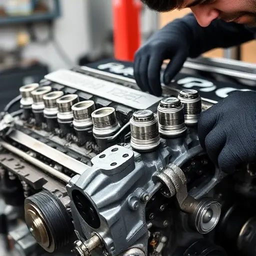 A detailed close-up of a mechanic repairing a Chrysler 300 3.6 V6 engine, showing the engine block, pistons, and tools such as wrenches and a torque wrench, with a clean workshop background, no text or lettering