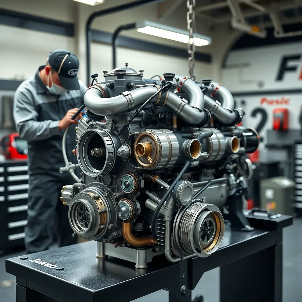 A highly detailed, realistic scene of a Koenigsegg Jesko 5.1L V8 twin‑turbo engine on a professional workshop bench, with a mechanic in clean coveralls carefully inspecting and repairing the engine components. The engine should be prominently displayed, showing its intricate turbochargers, pistons, and high‑performance parts, with realistic lighting and reflections that emphasize the metallic surfaces. The background should be a tidy garage environment with tools and equipment, but no visible text, logos, or signage.