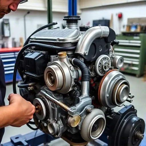 A detailed, close-up view of a mechanic repairing the 1.5 Turbo engine of a Chery Tiggo 4 Pro. The scene shows the engine block, turbocharger, and surrounding components with tools such as wrenches, screwdrivers, and a torque wrench. The background is a clean, organized workshop with a workbench, a hydraulic lift, and a toolbox. The lighting highlights the metallic surfaces and the texture of the engine parts, creating a realistic, technical atmosphere.