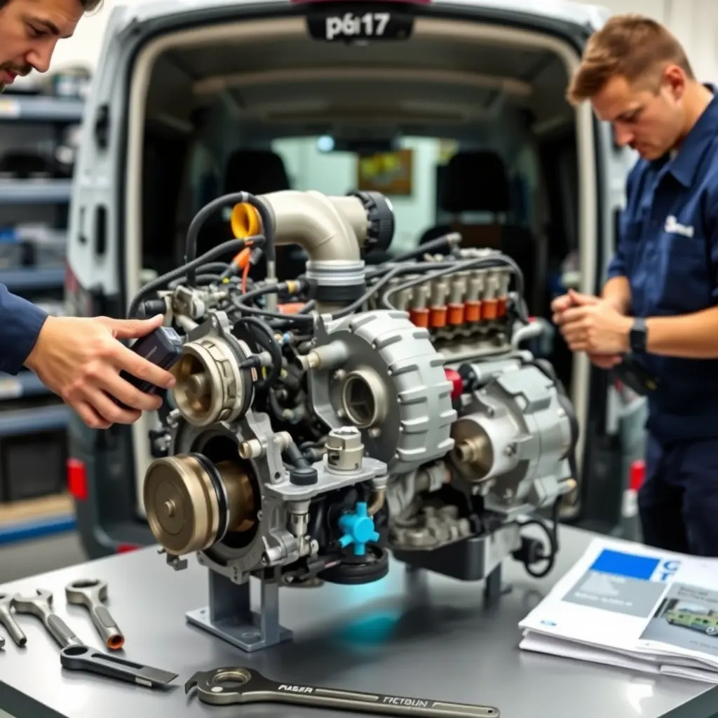 A detailed, high-resolution scene of a mechanic in a clean workshop carefully disassembling and inspecting the 2.0 EcoBlue diesel engine of a 2014 Ford Transit van. The engine block, turbocharger, fuel injectors, and surrounding components are clearly visible, with professional tools such as wrenches, diagnostic equipment, and a service manual laid out on a workbench. The lighting is bright and focused on the engine, highlighting metallic surfaces and the intricate details of the engine parts, while the background shows organized shelves with spare parts and a subtle hint of the van's interior visible through an open hood.