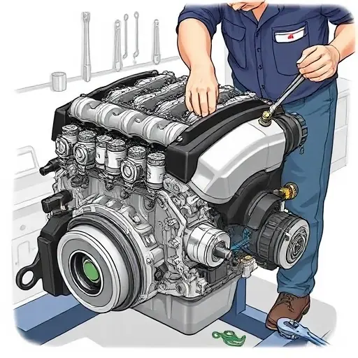 A detailed illustration of a mechanic repairing a Cadillac XT5 3.6 V6 engine, showing the engine block, pistons, crankshaft, and tools such as wrenches and a torque wrench, set in a clean workshop environment, with no text or labels in the image