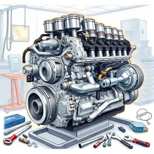 A detailed illustration of a Citroën Jumpy 2.0 BlueHDi 177 л.с. engine undergoing a major repair. The engine should be partially disassembled, showing various components like pistons, connecting rods, and cylinder head. Tools such as wrenches, screwdrivers, and diagnostic equipment should be present around the engine. The background should be a clean, well-lit workshop environment.