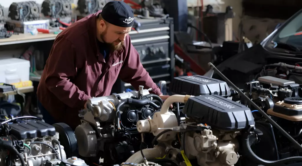 A detailed photo of a mechanic in a workshop, repairing a car engine. The scene shows a variety of car engines from different brands, with tools and parts scattered around. The mechanic is wearing a protective jacket and gloves, focusing on the engine. The background includes a workbench, a toolbox, and a car hood. The lighting is bright and natural, highlighting the metal surfaces and the mechanic's concentration.