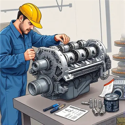 A detailed, realistic illustration of a mechanic repairing the 3.6 V6 engine of a 2018 Chevrolet Traverse. The scene shows the engine block on a workbench, with visible pistons, crankshaft, and cylinder heads. The mechanic, wearing a blue coverall and a safety helmet, is using a torque wrench and a set of sockets. Tools and parts such as spark plugs, oil filter, and a small engine diagram are scattered around. The background is a garage setting with a subtle, neutral color palette. The focus is on the mechanical components and the hands of the mechanic, with no visible faces or personal identifiers. The image should have a realistic, slightly cinematic lighting, emphasizing the metallic textures and the precision of the repair work.
