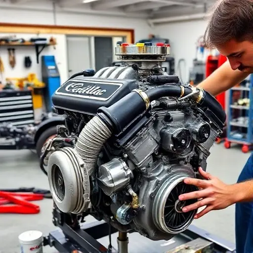 A detailed workshop scene showing a mechanic repairing the 2.0 Turbo engine of a Cadillac CT4, with the engine block exposed, turbocharger, oil filter, and tools arranged neatly. The background is a clean garage with a workbench, a car chassis, and a focus on the engine components. The lighting is bright and focused on the engine area.