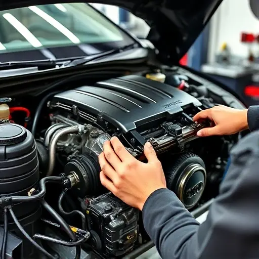 A detailed, realistic image of a mechanic working on the engine of an Audi A3 2.0 TDI (2012-2016). The engine should be partially disassembled, showcasing internal components. Tools like wrenches and diagnostic equipment should be visible. The setting is a clean, well-lit auto repair shop. Focus on the engine and the mechanic's hands working on it.
