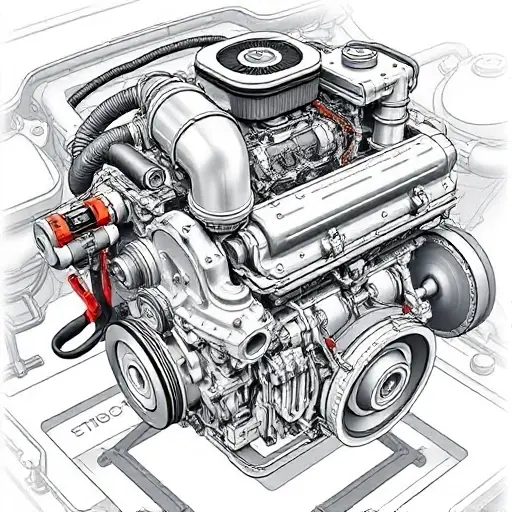 A detailed illustration of a Chery Tiggo 4 Pro 1.5 Turbo engine undergoing a major repair. Focus on the engine block, turbocharger, and surrounding components. Show tools and technicians working on the engine.