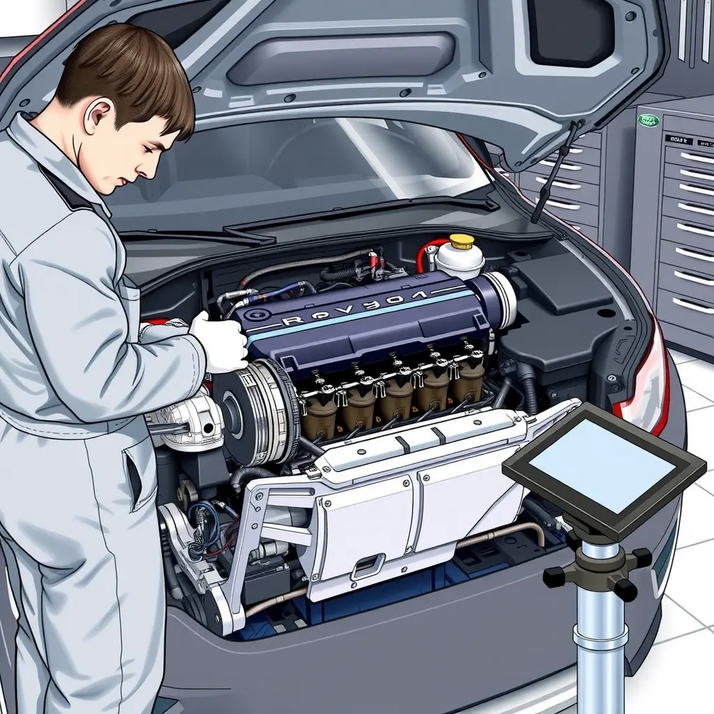A detailed high-resolution illustration of a mechanic repairing the 2.0 L Turbo engine of a 2018‑2023 Range Rover Evoque. The scene shows the open engine bay with the turbocharged engine block, visible pistons, intake manifold, and wiring. The mechanic, wearing a clean coverall and gloves, is using a wrench on a bolt, with a diagnostic tablet on a stand nearby. The background is a professional garage with tool cabinets, but no brand logos or text.