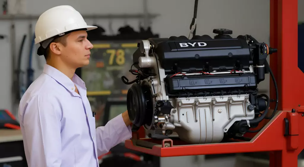 A high-resolution horizontal photo of a professional automotive repair workshop. In the foreground, a mechanic wearing clean white coveralls and a hard hat is working on a BYD engine mounted on a hydraulic lift. The engine is fully exposed, showing detailed components. The background contains neatly organized tools and a diagnostic screen displaying engine data. The lighting is bright and even, emphasizing the engine’s details and the mechanic’s focused expression.