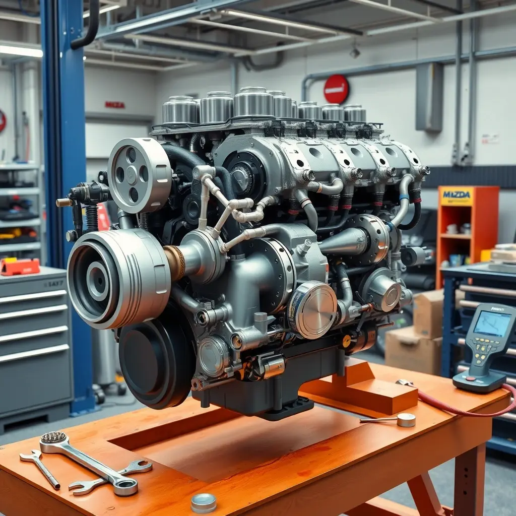A detailed, high‑resolution illustration of a Mazda CX‑60 3.0 L inline‑6 diesel MHEV engine on a professional workshop bench, with the engine partially disassembled to show pistons, crankshaft, turbocharger, and other components, surrounded by mechanic tools such as wrenches, torque wrench, diagnostic scanner, and a clean, well‑lit garage environment. Emphasize realistic metal textures, oil stains, and the complexity of a full engine overhaul.