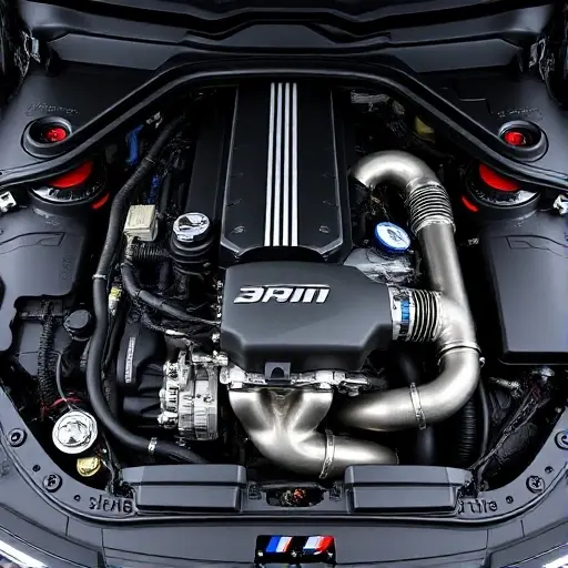 A detailed, high-quality image of the engine bay of an Alpina D5 S 3.0 R6 Diesel Tri Turbo. Focus on the engine components, showcasing the intricate details of the diesel engine, turbochargers, and exhaust system. The engine should be well-lit, highlighting its mechanical complexity.