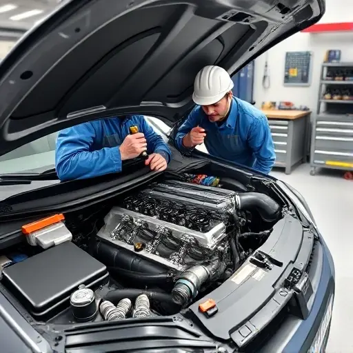 A detailed, realistic illustration of a mechanic repairing the 1.0 TCe 110 hp engine of a 2022 Dacia Jogger. The scene shows an open hood of the car, the engine bay exposed, with the engine block visible. The mechanic, wearing a blue coveralls and a safety helmet, is using a torque wrench and a set of sockets on the engine block. Tools and parts such as spark plugs, oil filter, and a small toolbox are scattered around. The background is a workshop with a workbench, a car lift, and a neatly organized tool rack. The lighting is bright and focused on the engine area, highlighting the metallic surfaces and the mechanic’s hands. The image is rendered in a realistic style with high detail and depth of field, capturing the texture of metal, rubber, and plastic components. No text, letters, or digits should appear in the image.