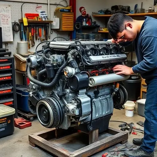 A detailed workshop scene showing a mechanic repairing the 2.4L engine of a ChangFeng Liebao CS6, with the engine block exposed, tools scattered, and a focus on mechanical parts, no text or lettering